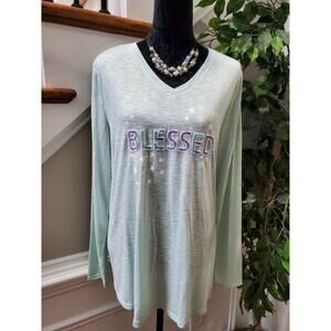 EST.1946 Women Solid Rayon & Polyester V-Neck Long Sleeve Top Shirt Size X-Large